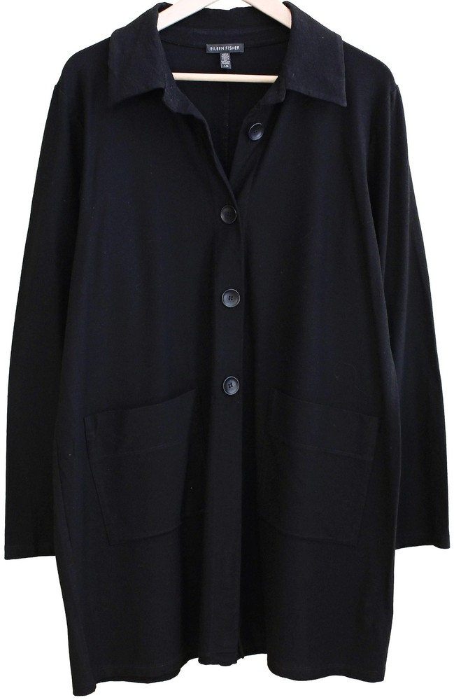 EILEEN FISHER Black WASHABLE STRETCH CREPE CLASSIC COLLAR JACKET Longline SZ L