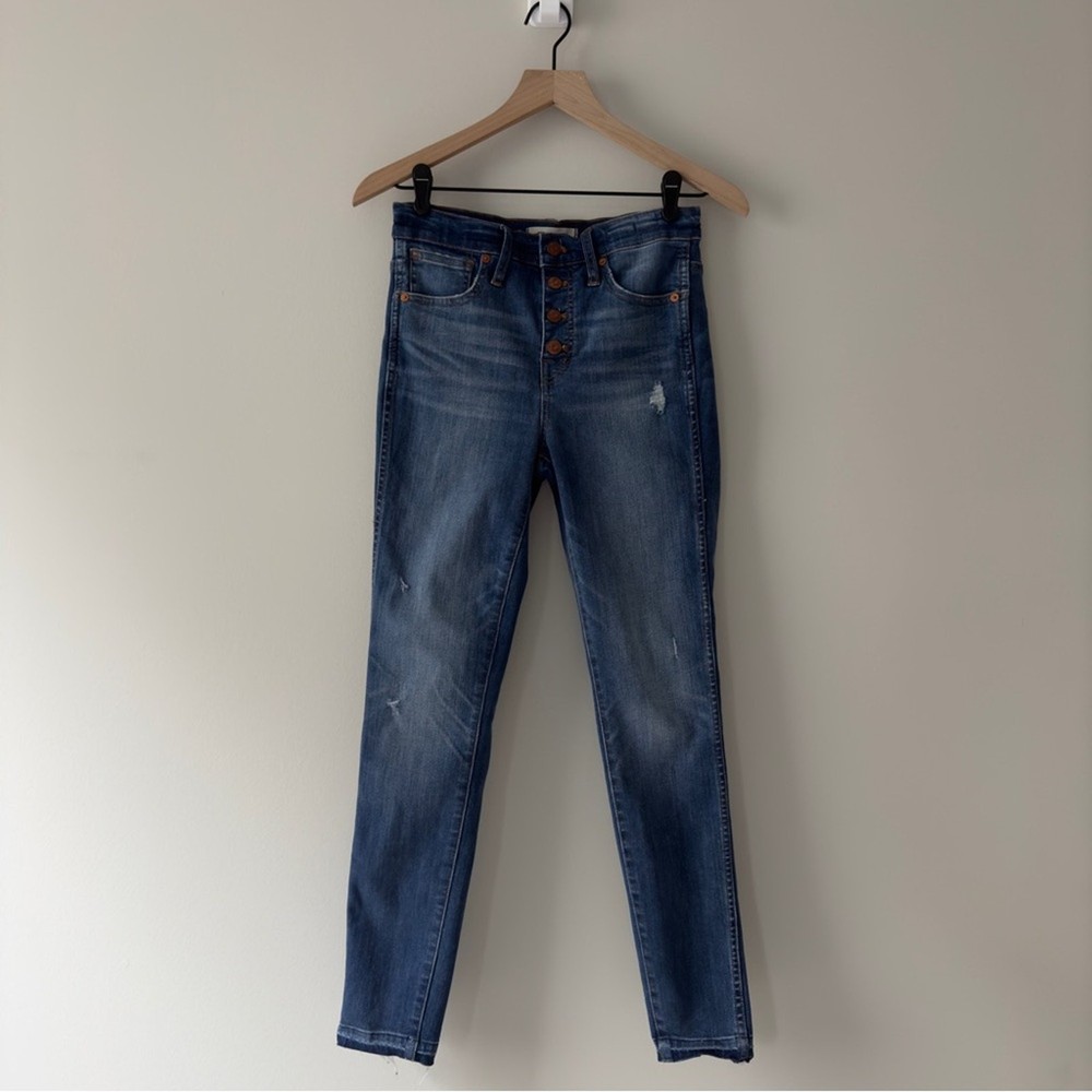 Madewell 10” High-Rise Skinny Distressed Denim Jeans with Button Fly in Dark Wash