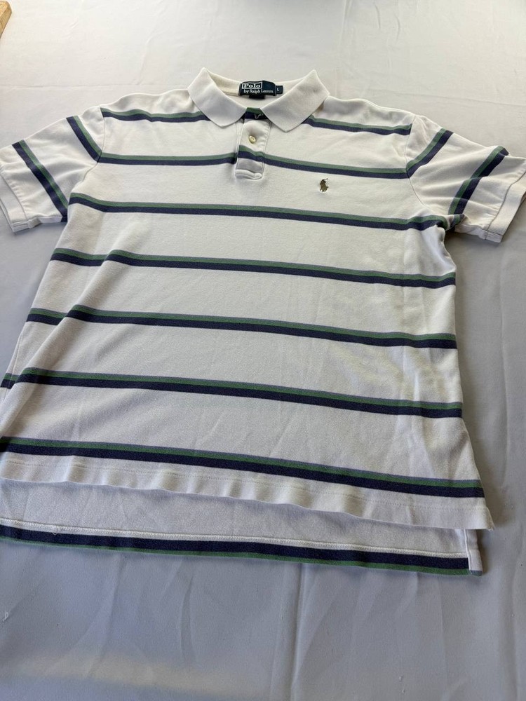 Polo Ralph Lauren Polo Shirt Mens Large White Green Striped Short Sleeve Preppy
