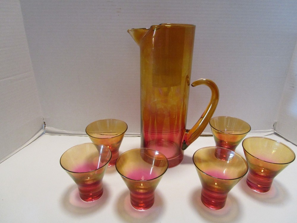 Vintage 1960s Ombre Amberina 3-Tone Glass Barware Cocktail Martini 7-Piece Set