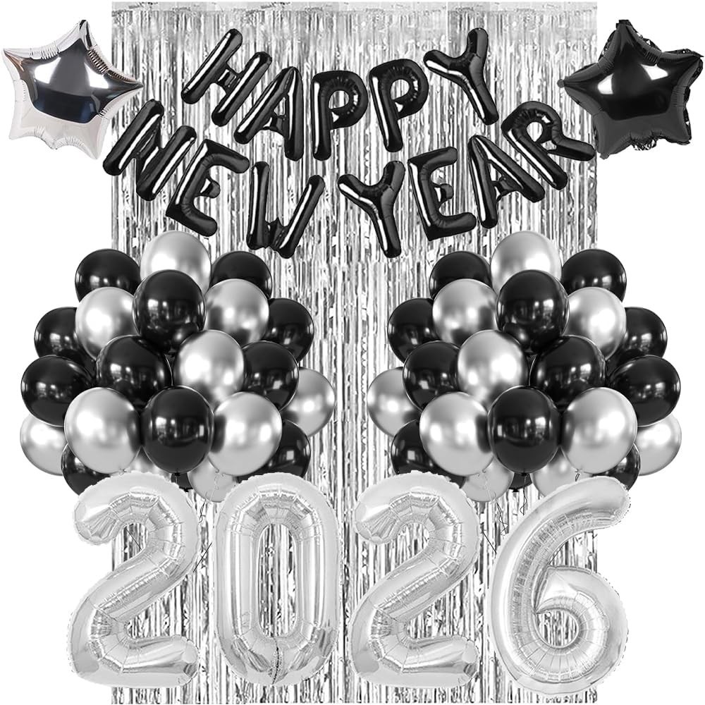 New Years Eve Party Supplies 2026, Black Silver New Year Decorations 2026 with H-image