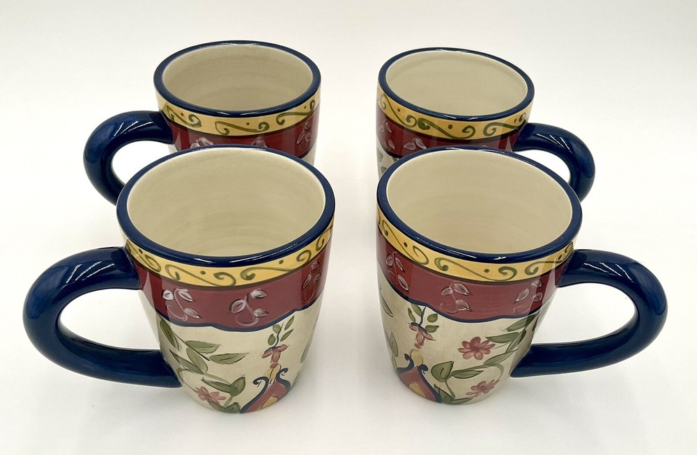 Pier 1 Coffee Mugs Vallarta Hand Painted Tuscan Floral Earthenware Set Of 4