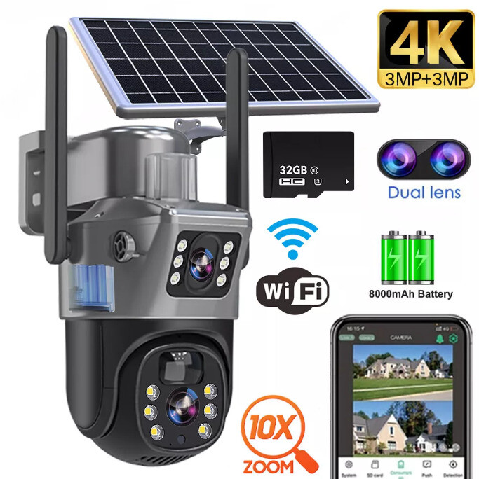 8MP Solar-Powered Dual Lens Wifi PTZ Outdoor Security Camera for Home CCTV
