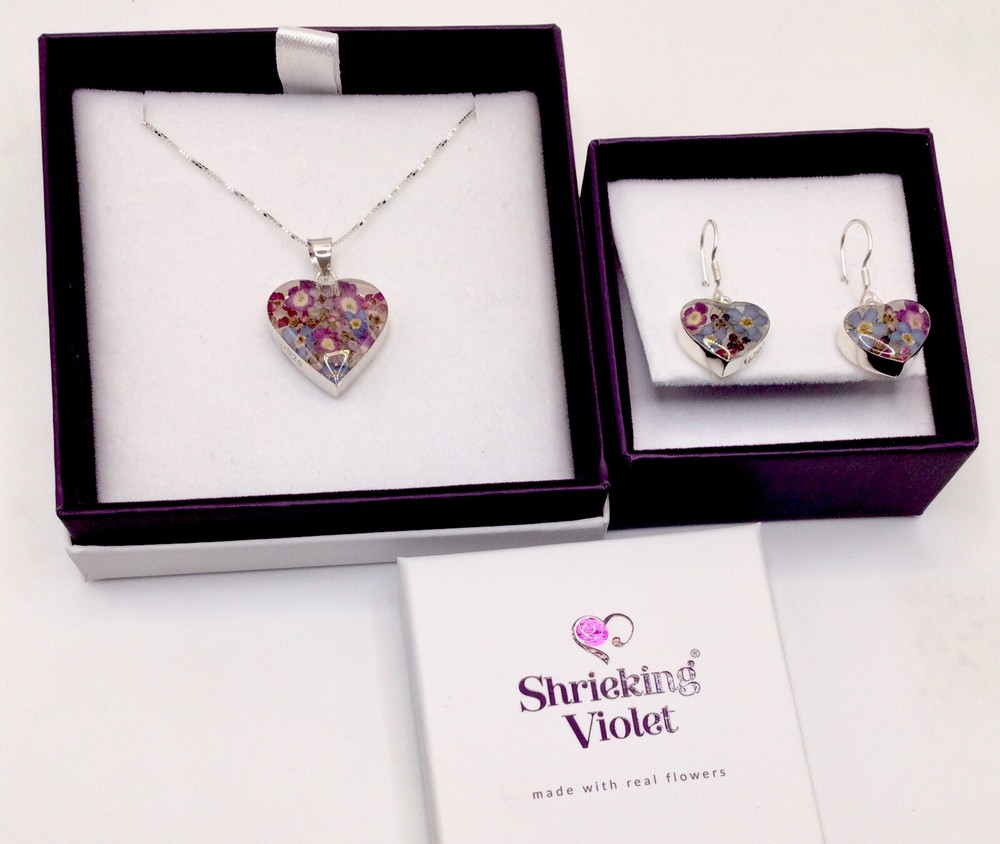 Shrieking Violet Purple Haze Silver Heart Pendant and Earrings Set