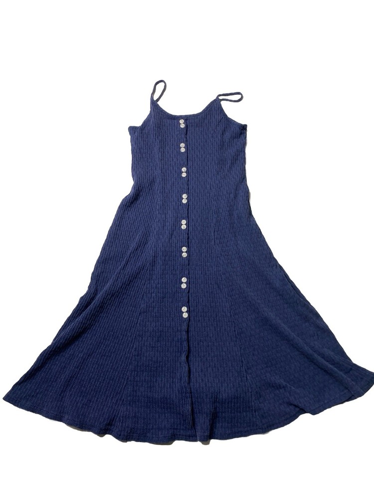 Bohemian Ribbed Button Front Navy Midi Dress Womens Size S Beachy Coastal A Line