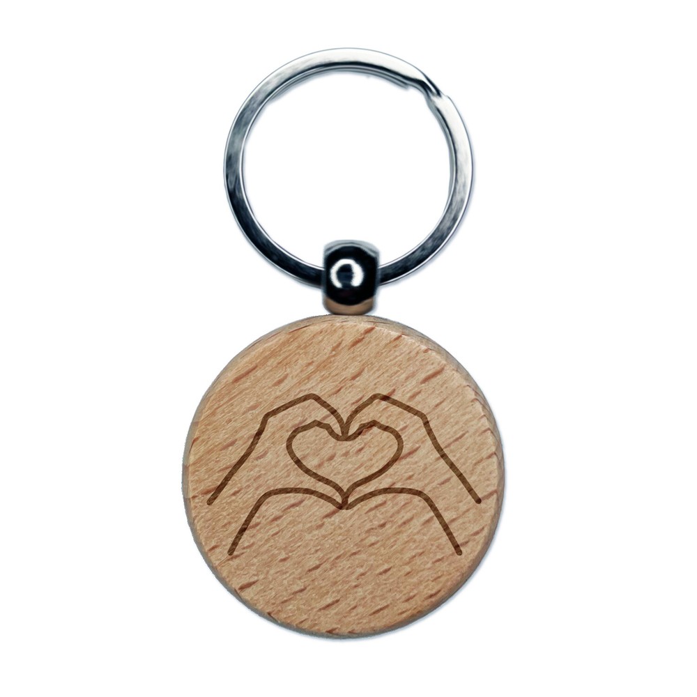 Hands Making Heart Engraved Wood Round Keychain Tag Charm