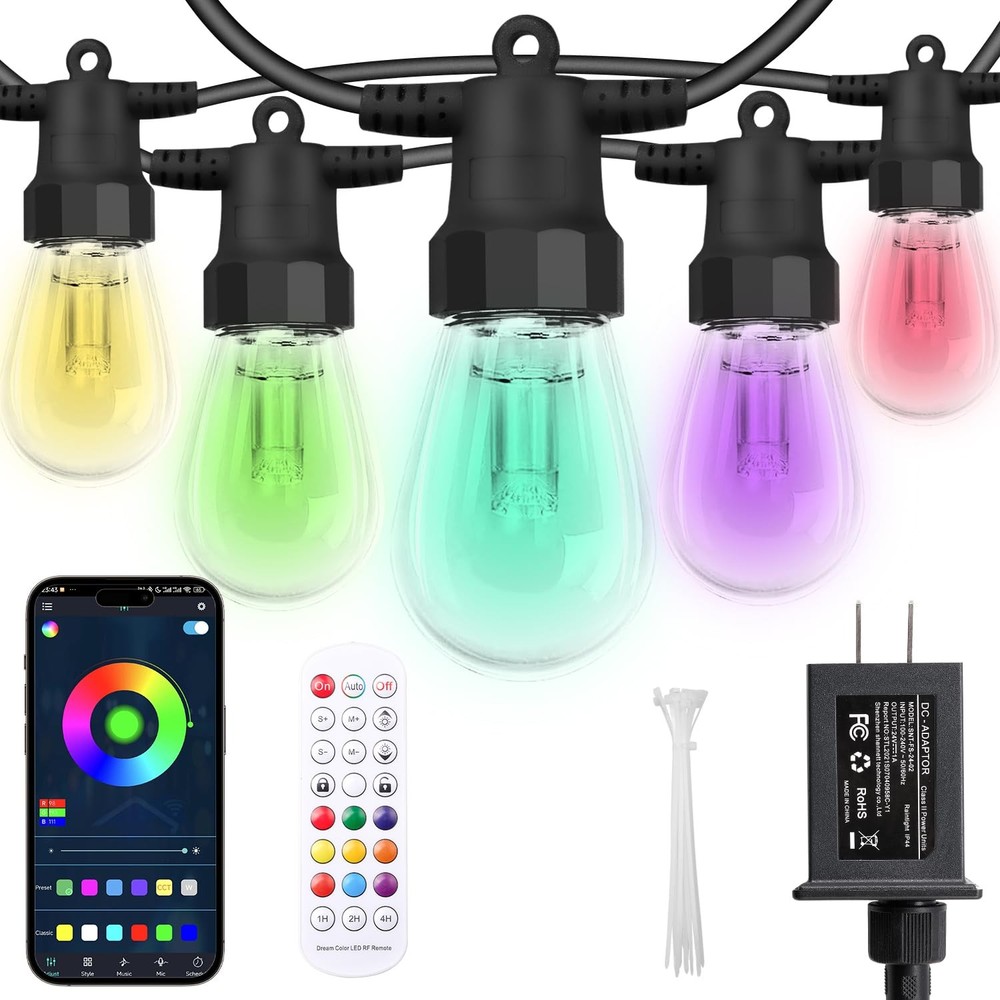 50FT Outdoor Patio String Lights with 20 Dimmable RGBW LEDs for Backyard and Garden
