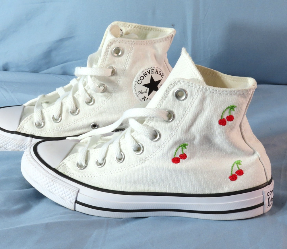 CONVERSE BY YOU Custom Hi-Top Chucks WHITE w/RED CHERRIES Sneakers M=5, W=7