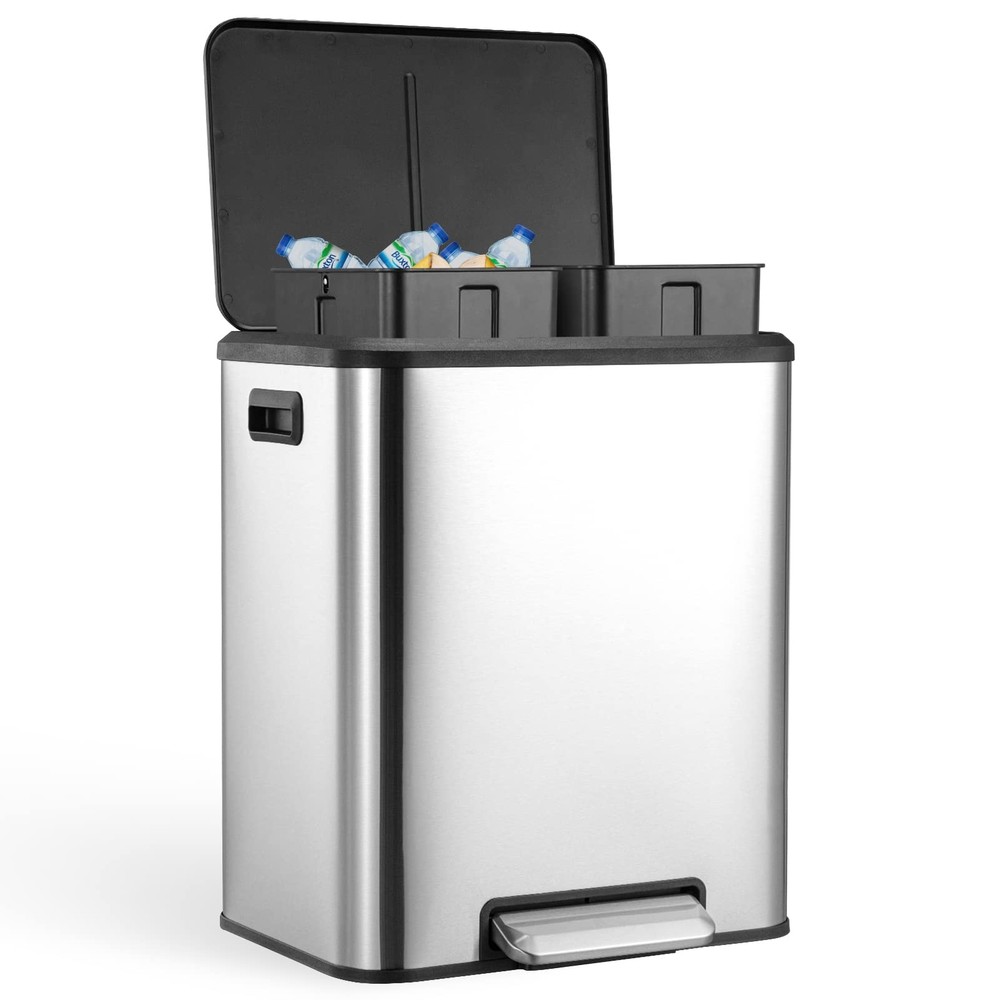 Dual Trash Can for Recycling and Trash, 30 Liter 8 Gallon Stainless Steel Kit...