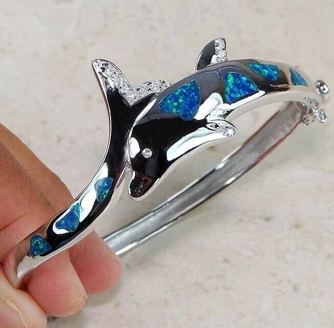 Australian Opal & Topaz 925 Sterling Silver Dolphin Bangle Bracelet OX1