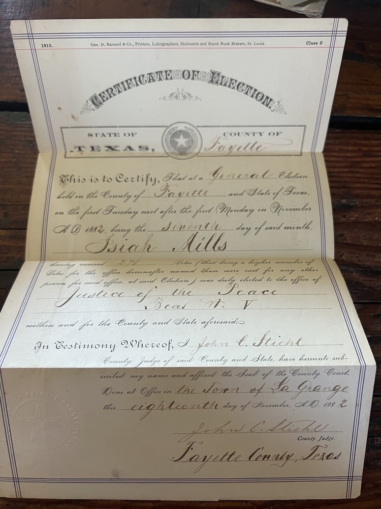 1882 Certificate of Election Justice of the Peace Fayette County Texas