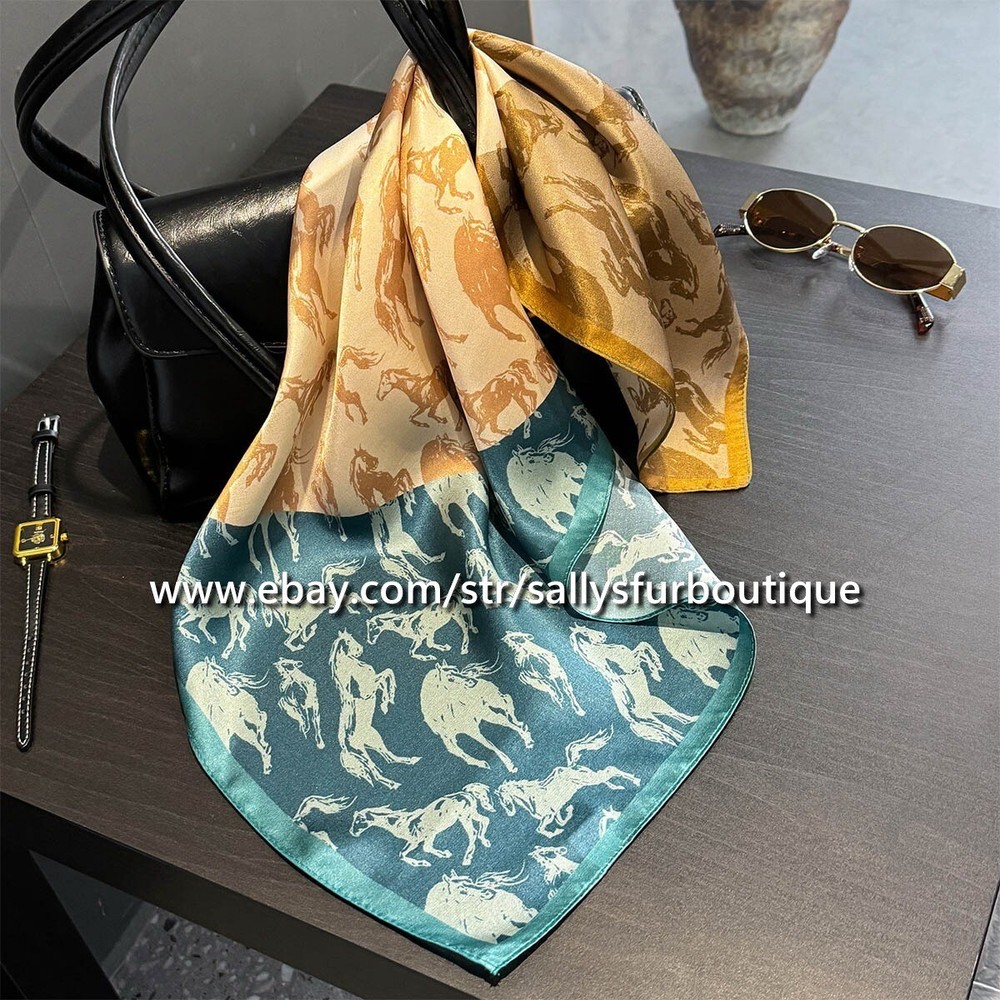 Sally 100% Satin Silk Scarf Horses Print Square Neck Hairband 21