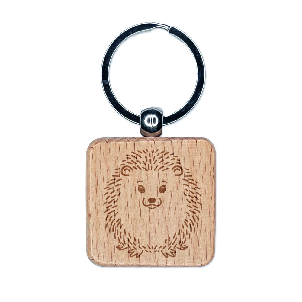 Sweet Hedgehog Front Engraved Wood Square Keychain Tag Charm