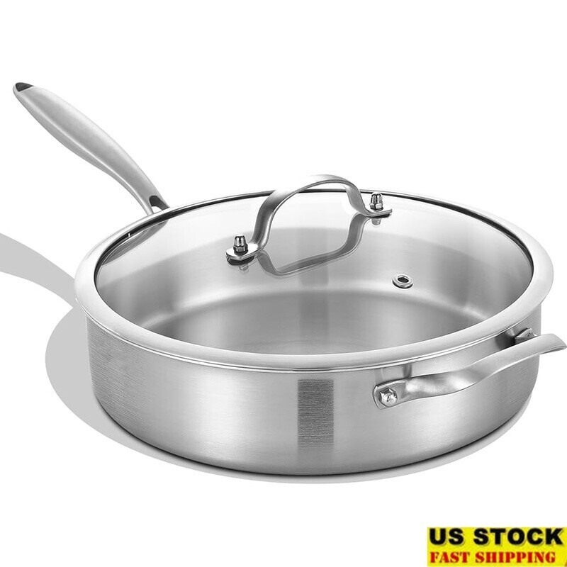 Tri-Ply Stainless Steel Sauté Pan W/ Lid Induction Oven Safe Dishwasher Safe New