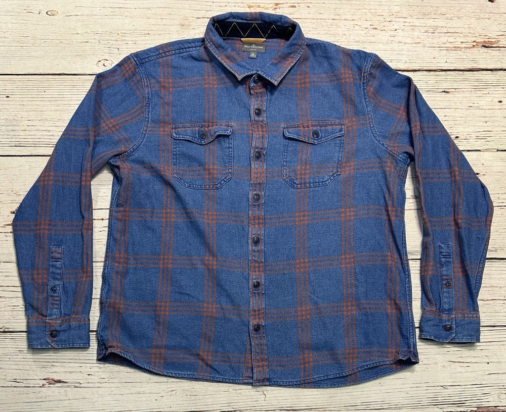 LL Bean Signature Slim Fit Blue Orange Plaid Flannel Shirt Men's XL