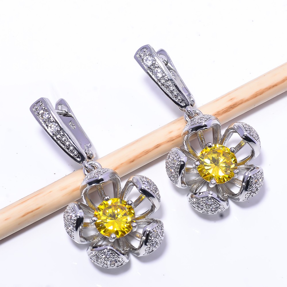 Citrine Cubic Zirconia Sterling Silver Flower Earrings 1.50 Inches