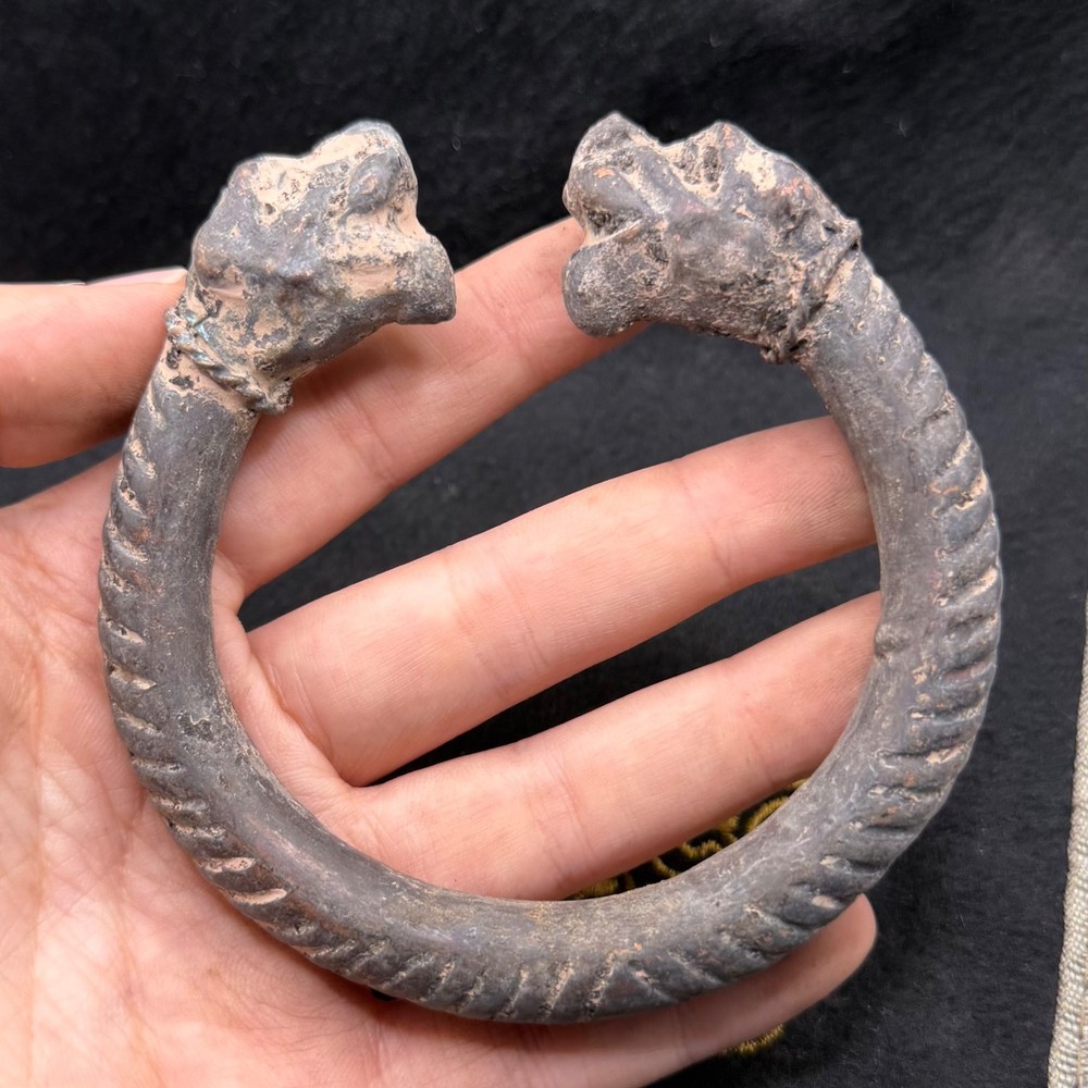 Wonderful Ancient Roman Greek Bronze Bangle With Mythical Animal Head