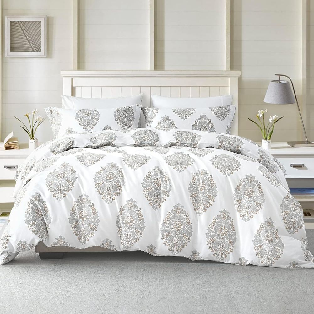 Duvet Cover Set Queen Size - 100% Cotton 400TC Washed Gray White Floral Paisley
