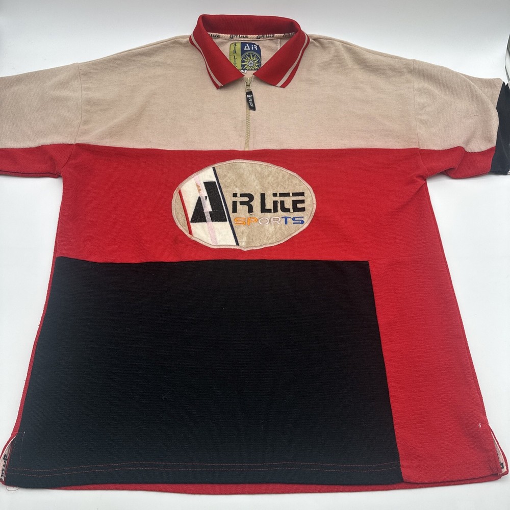 Airlite Sport VTG Polo Shirt Men Médium Multicolor Graphic Print Logo Zip.#18912