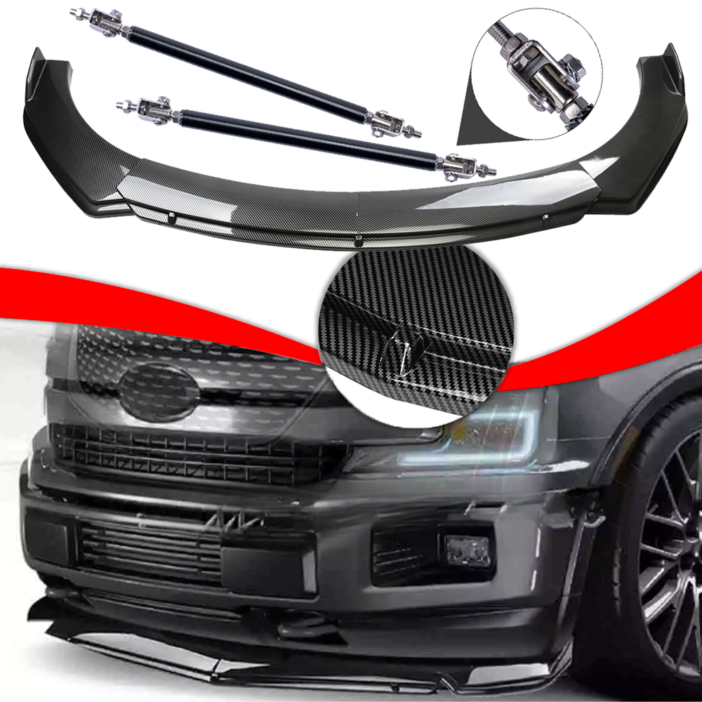 For Ford F150 F-150 Truck Carbon Fiber Style Front Bumper Lip Spoiler Strut Rods