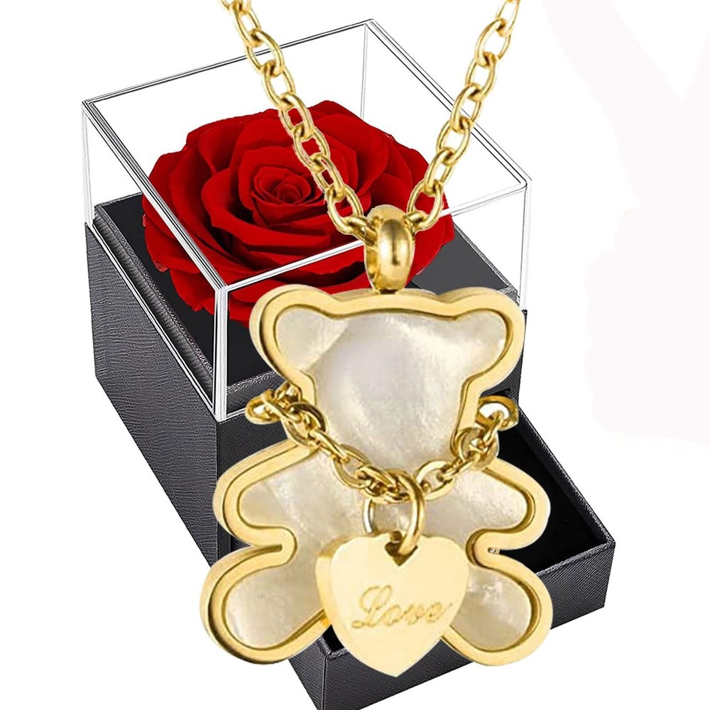 Mothers day gifts for Mum,Red Rose Box with Teddy Bear Necklace,Eternal Rose ...