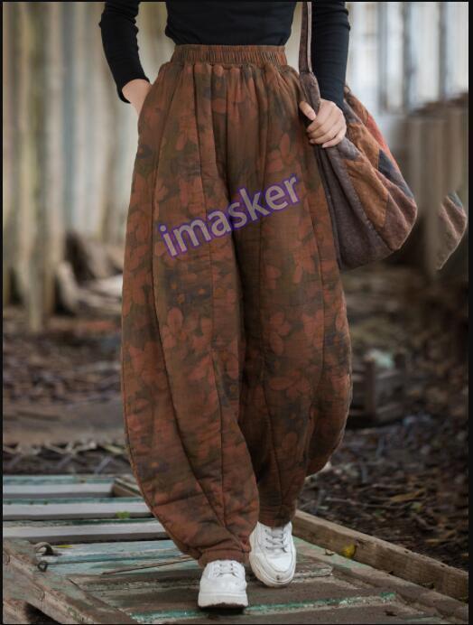 Women Fashion Floral Linen Cotton Quilted Elastic Waist Harem Pants Trousers