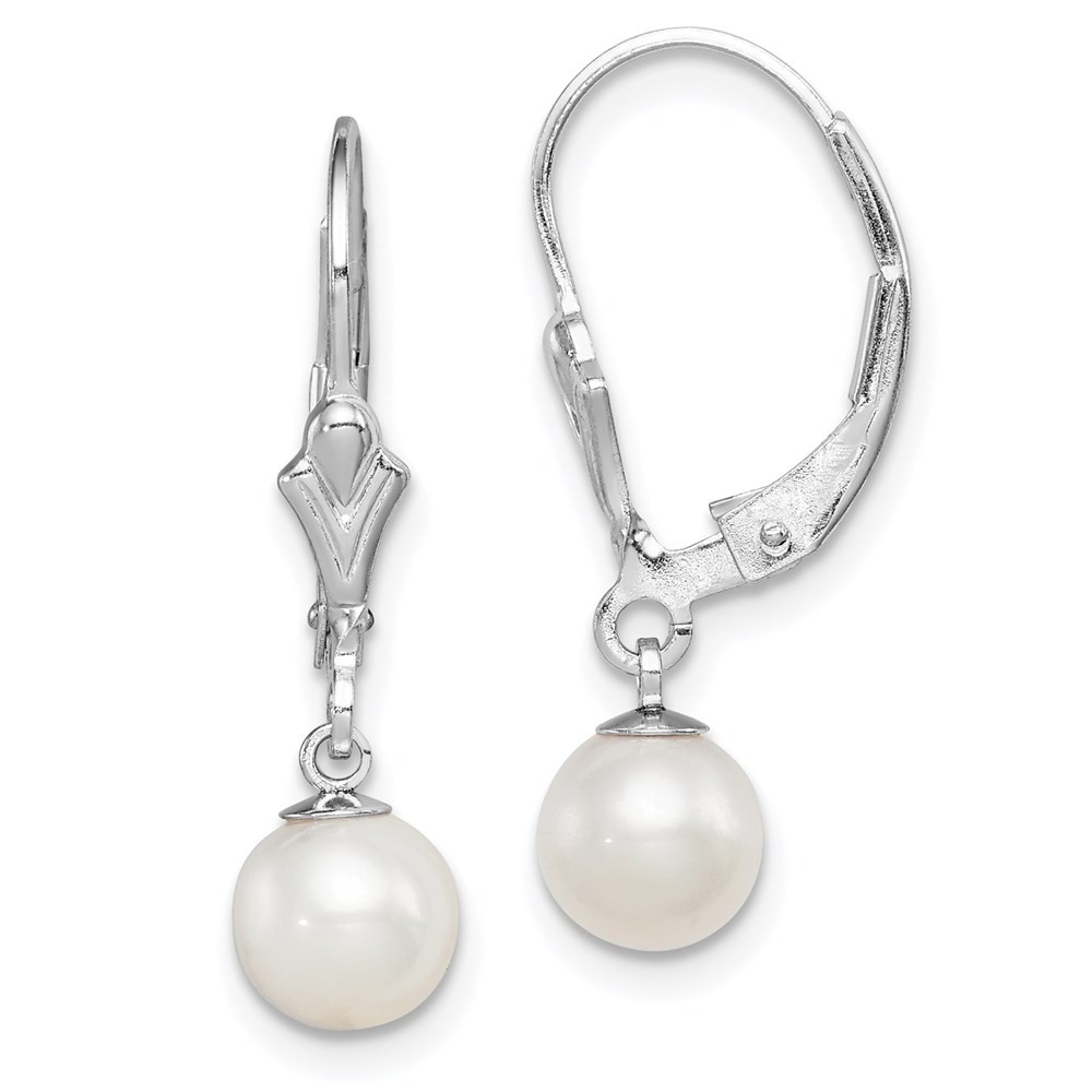 Sterling Silver 6-7mm White Cultured Pearl Leverback Drop & Dangle Earrings
