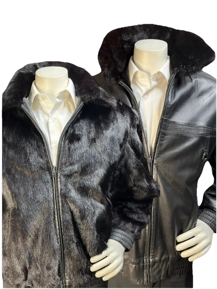 Reversible Mens Mink Fur & Lambskin Leather Bomber Jacket Size 2XL