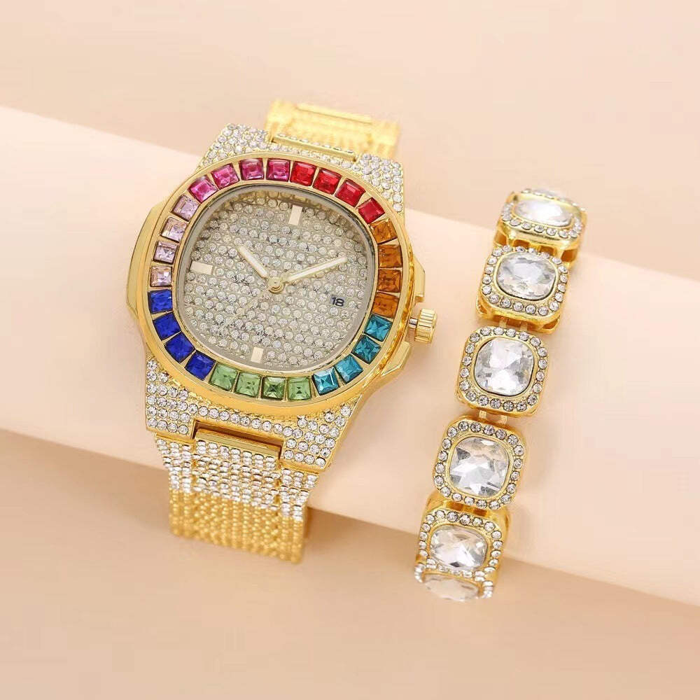 Color Diamond Inlaid Quartz Wrist Watch with Full Diamond Steel Belt and Square