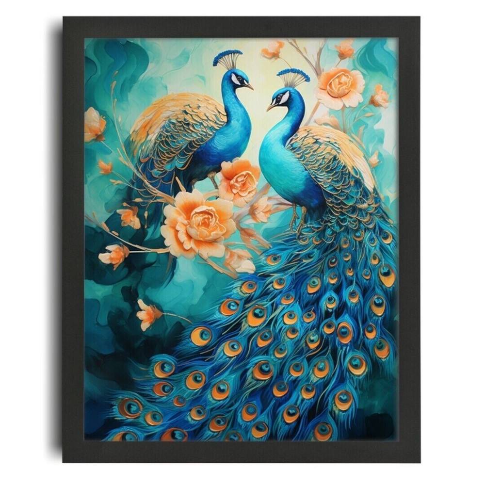 Two Peacocks Wall Art Print Vibrant Colour Artwork Framed Picture For The Lounge