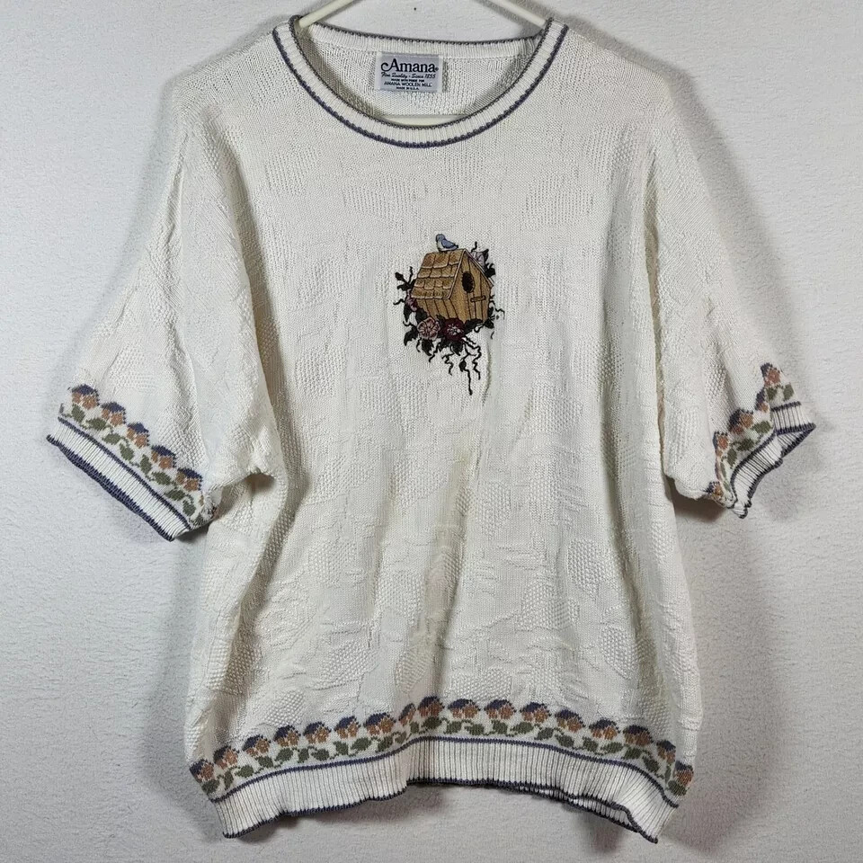 VTG Women's Grandma Short Sleeve Sweater Amana Woolen Mill SZ XL Birds Granny