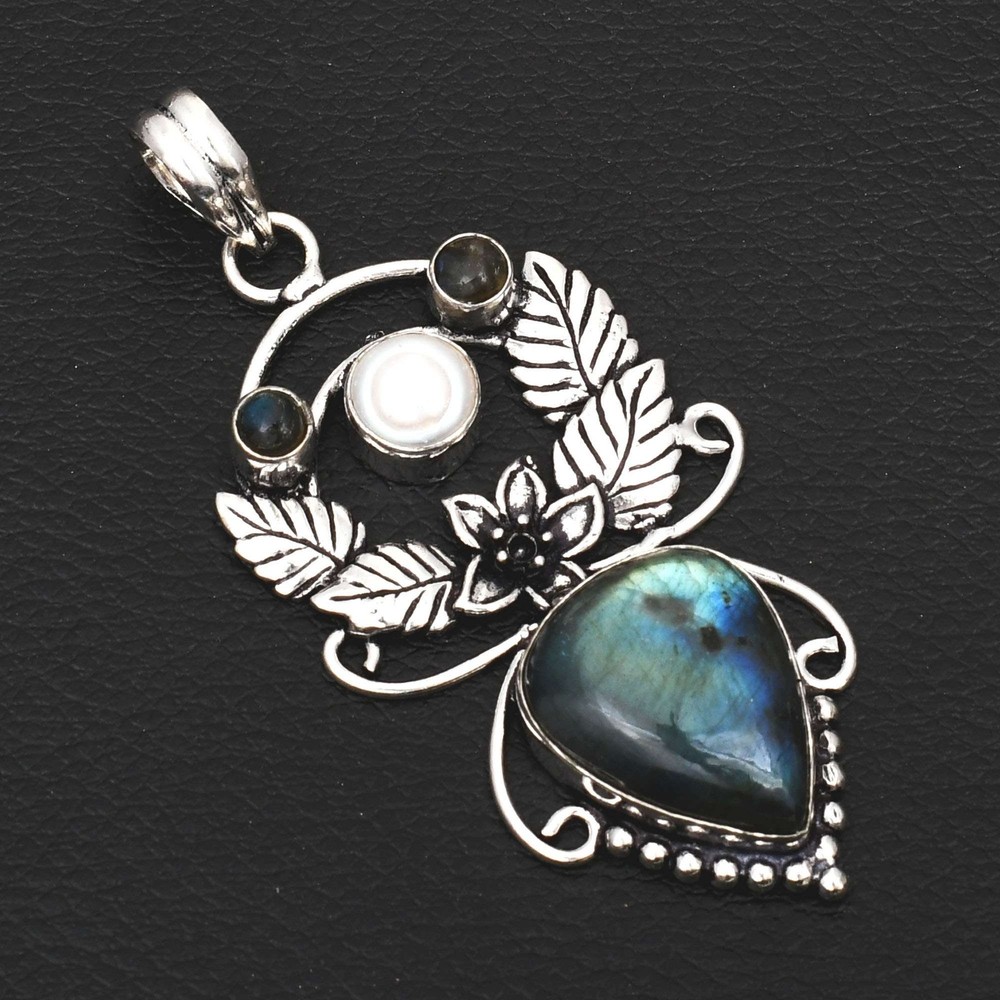 Labradorite Pearl Gemstone Leaf Pendant Necklace for Women 2.88 Inches AP-36108