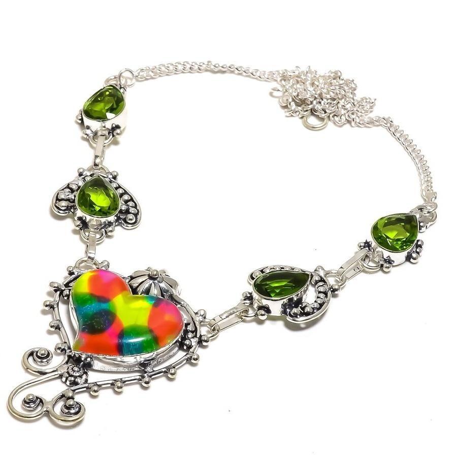 Black Friday Sale Dichroic Glass Gemstone Peridot 925 Silver Boho Chain Necklace