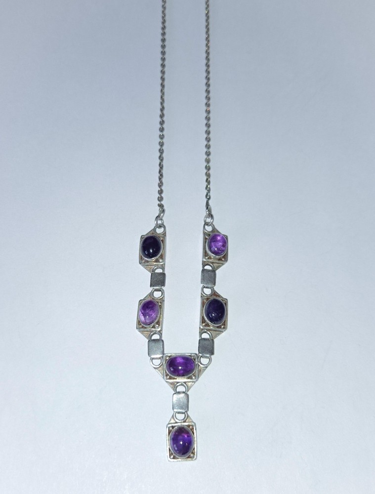 Vintage Sterling Silver Geometric Modernist Amethyst Necklace 17