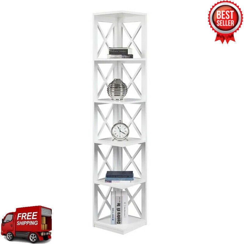 5-Tier White Corner Bookcase for Living Room Storage and Display