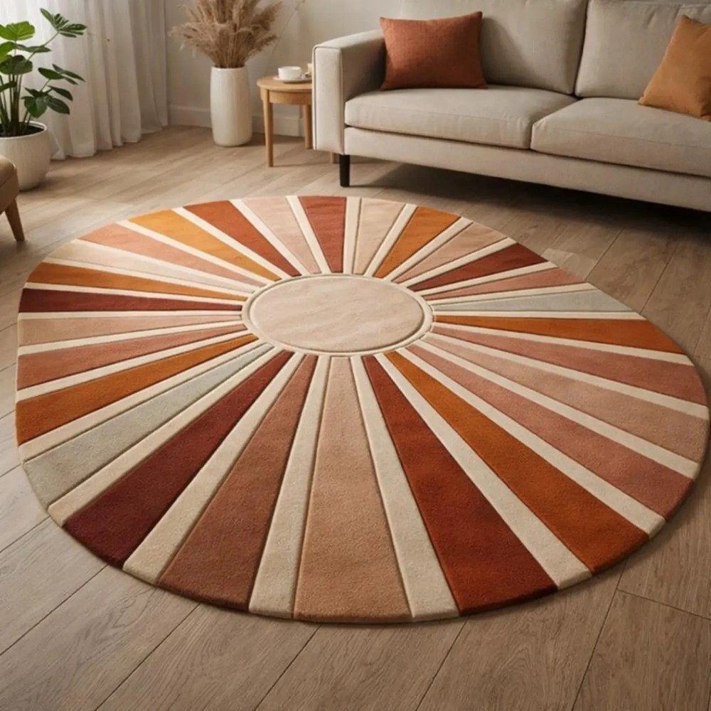 Luxury Round Hand-Tufted Wool Rug – Mid-Century Modern Sunburst Design