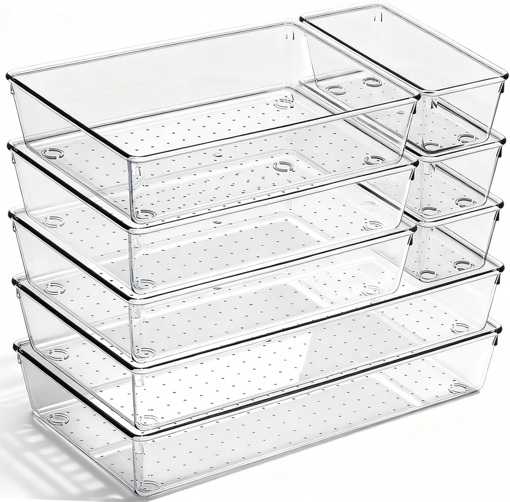 8 Pack Large Clear Plastic Drawer Organizer Bins - Acrylic Bathroom Drawer Organ