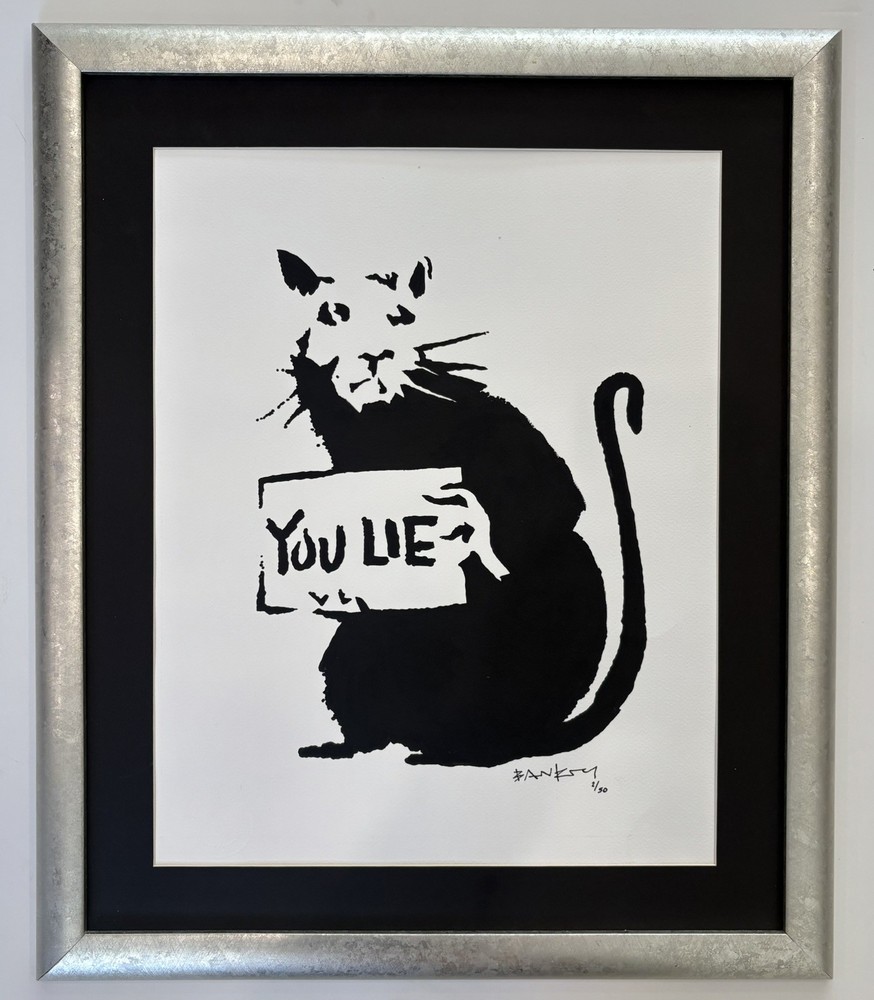 Arte litográfico Bansky firmado al estilo de 1980-2000 mate y enmarcado