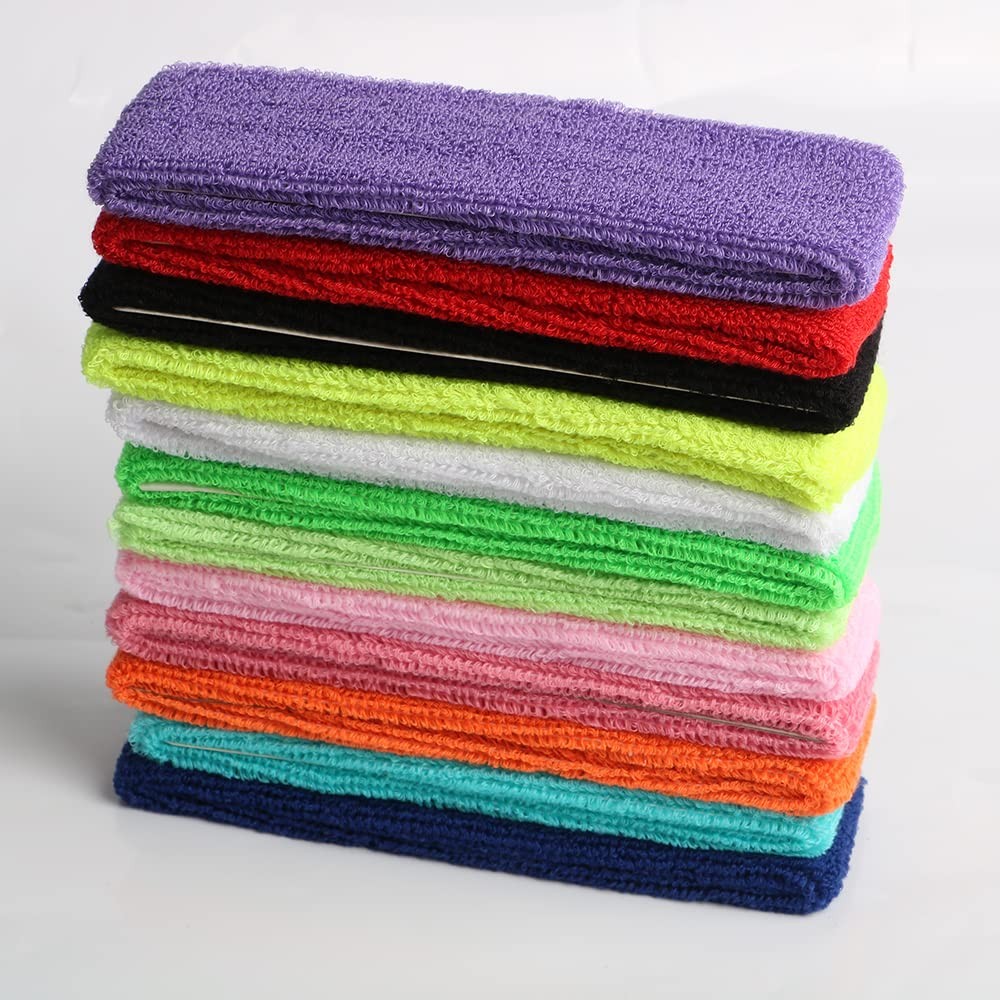 Cotton Sweatband Headbands,Pack of 12,Elastic Stretchy Sport Terry Cloth Mois...