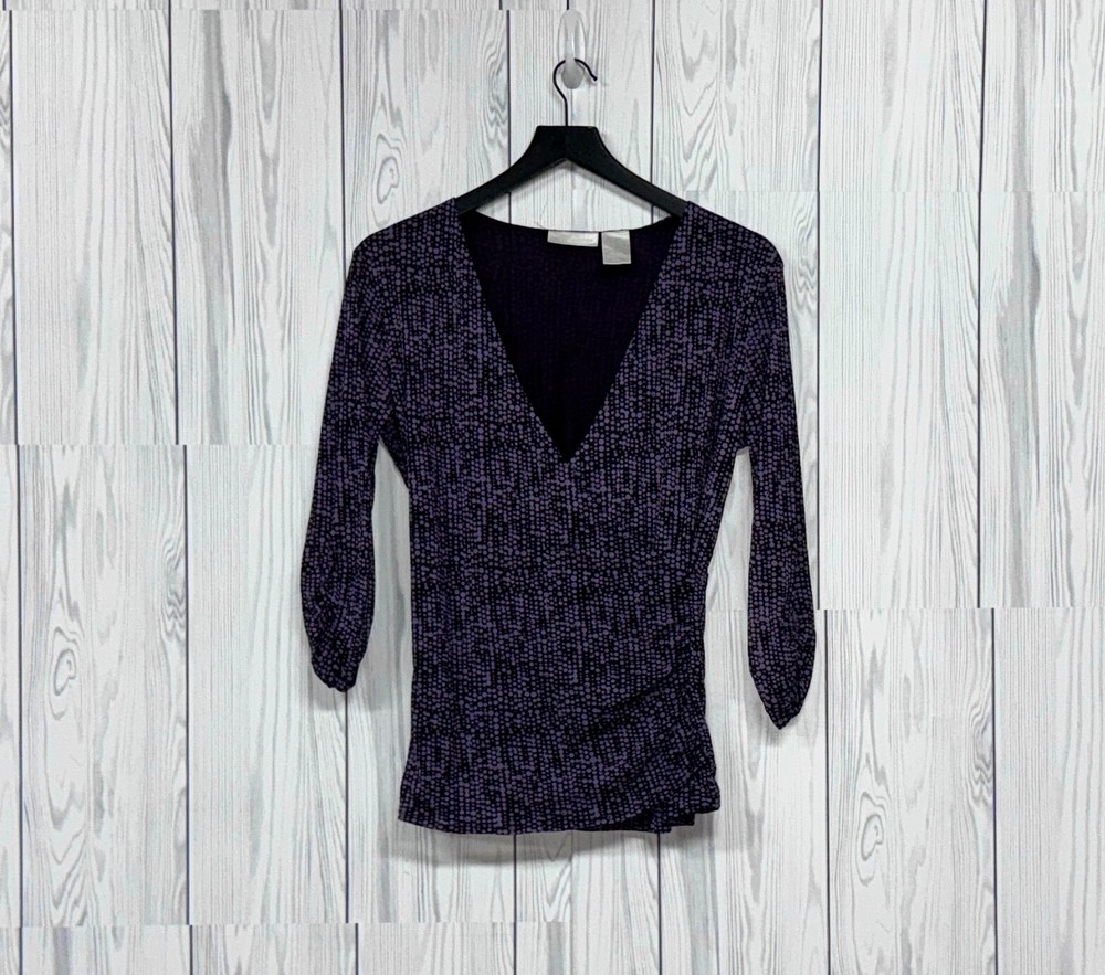 Worthington top womens size medium long sleeve blouse blue patterned stretch
