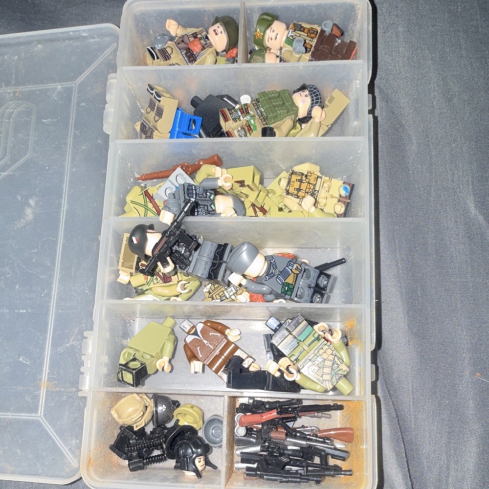 LEGO Military Minifigure Lot with Accessories, Weapons, and Organizer Box