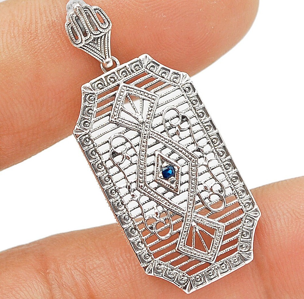 Treated Blue Sapphire 925 Sterling Silver Victorian Style Pendant Jewelry Y1183