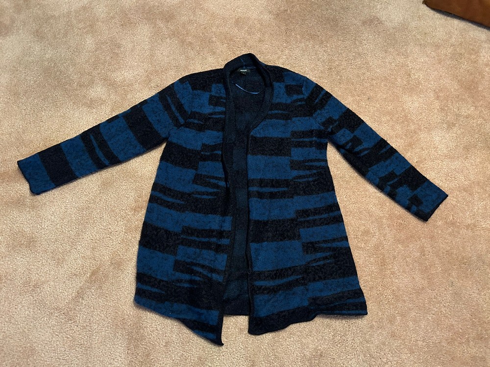 Alfani Women's Lg Blue Black Open Cardigan Sweater Duster
