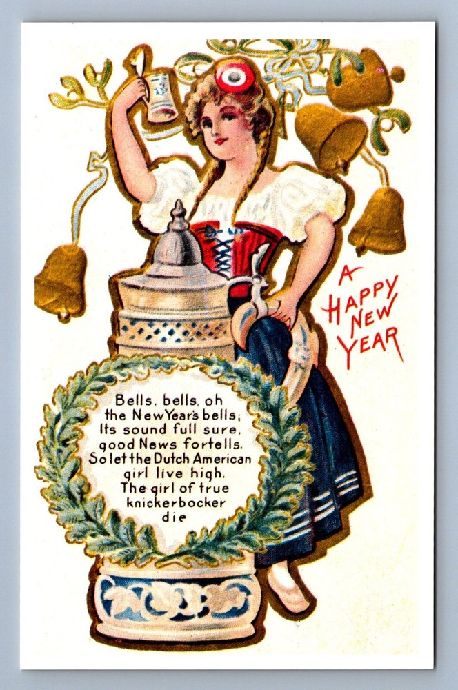 Postcard Vtg Reproduction New Year's Holiday Celebration Bells And Stein Girl