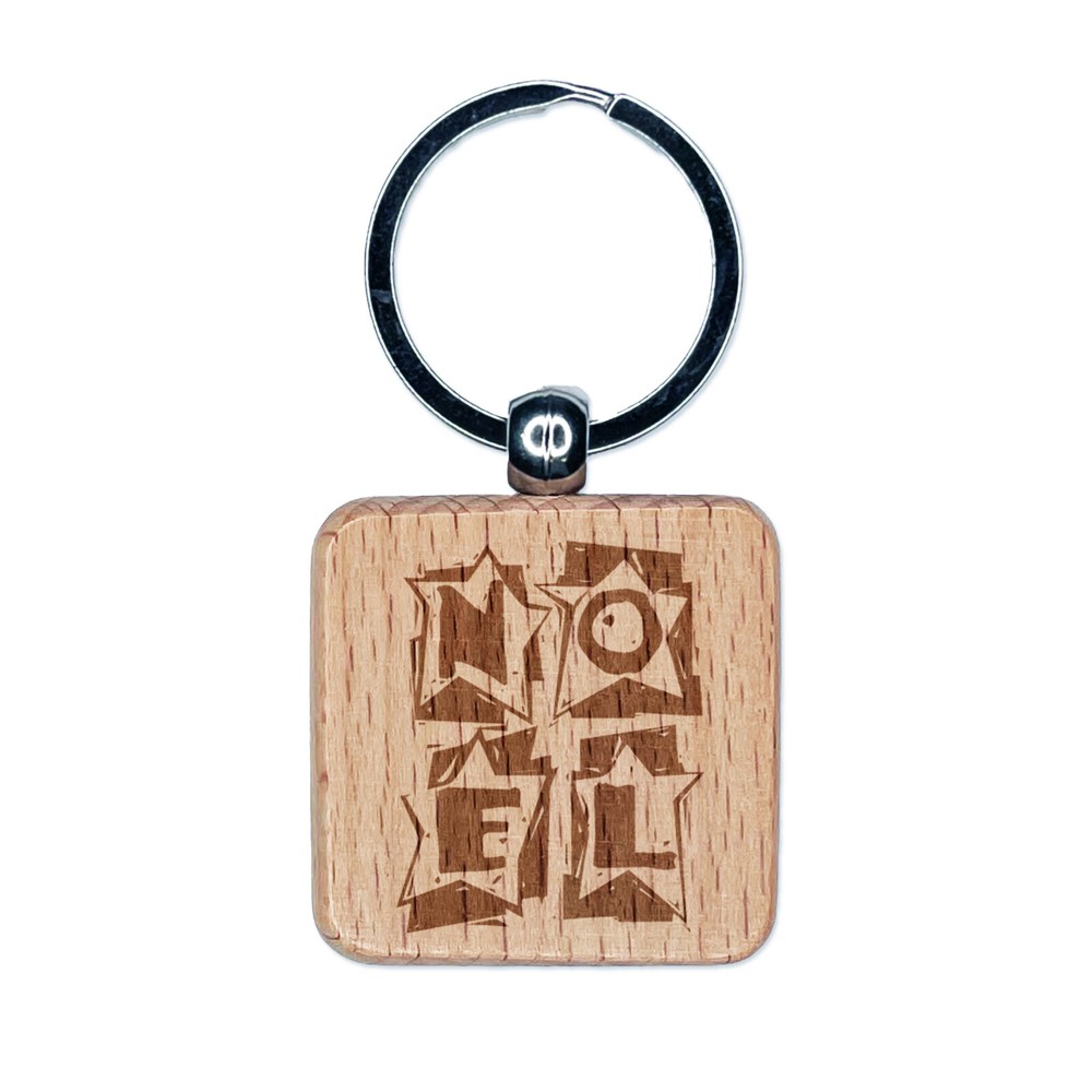 Noel in Stars Christmas Engraved Wood Square Keychain Tag Charm