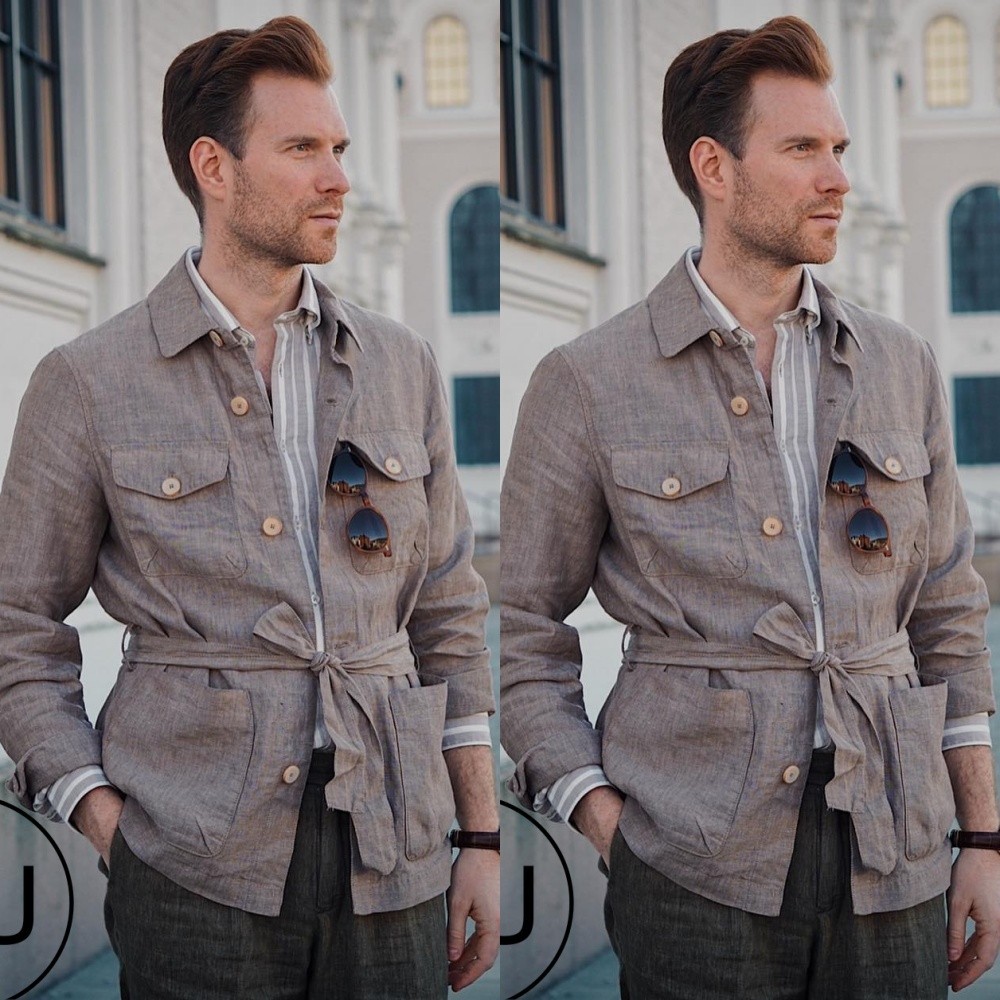 Vintage Linen Safari Jacket for Men with Belt Outdoor Hunting Leisure Suit