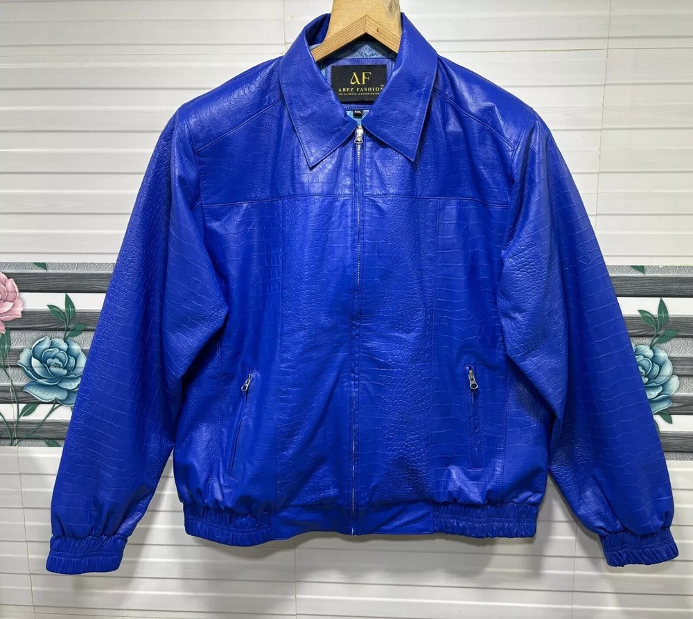 Men's Blue Crocodile Embossed Real Leather Biker Jacket Alligator Print