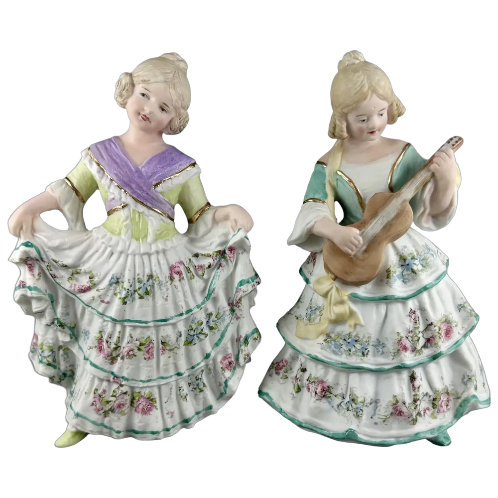 Heubach Bisque Figurine Pair, Two Girls, Flamenco Dancers, 7.25” H