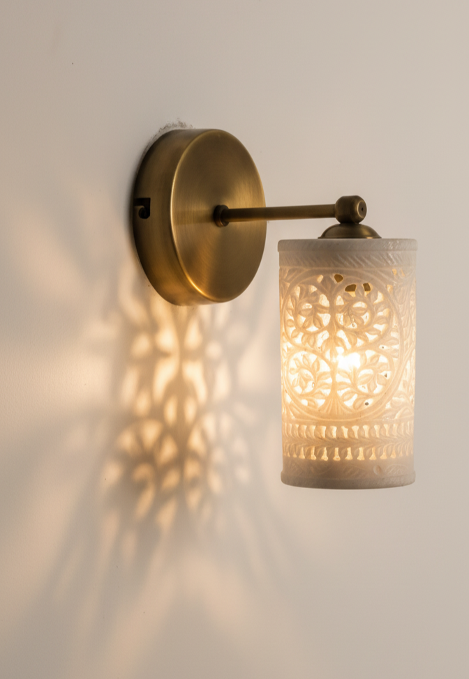 Handcrafted Alabaster Stone Wall Sconce Antique Brass Lamp Jali Work Light Fixtu