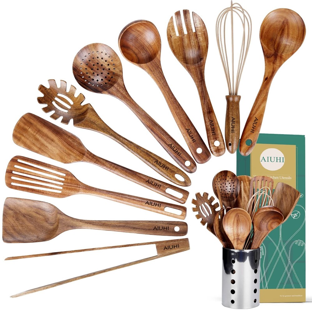 Kitchen Utenails Set with Holder,Kitchen Wooden Utensils for Cooking, Wood Ut...